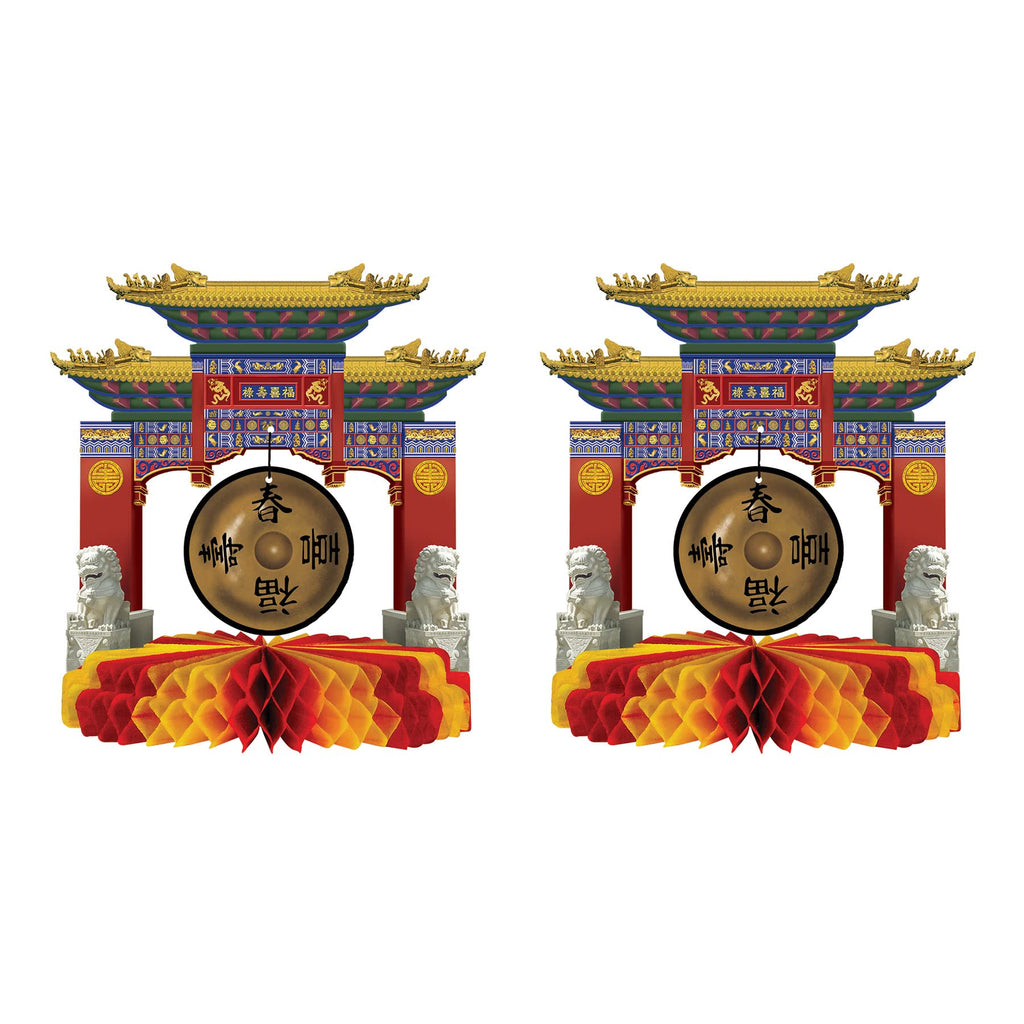 Beistle 2 Piece Chinese New Year Centerpieces - Printed Paper Asian Gongs - Zen Tissue Table Decorations For Parties