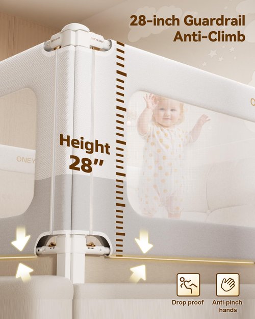 Baby Bed Rail Guard for Toddlers, Reinforced 74.8in Toddler Bed Rails for Twin, Full, King bed with Height Adjustable, Extral Tall Child Safety Side Railing Guards/Bedrail for Kids, White/Grey, 1 Side