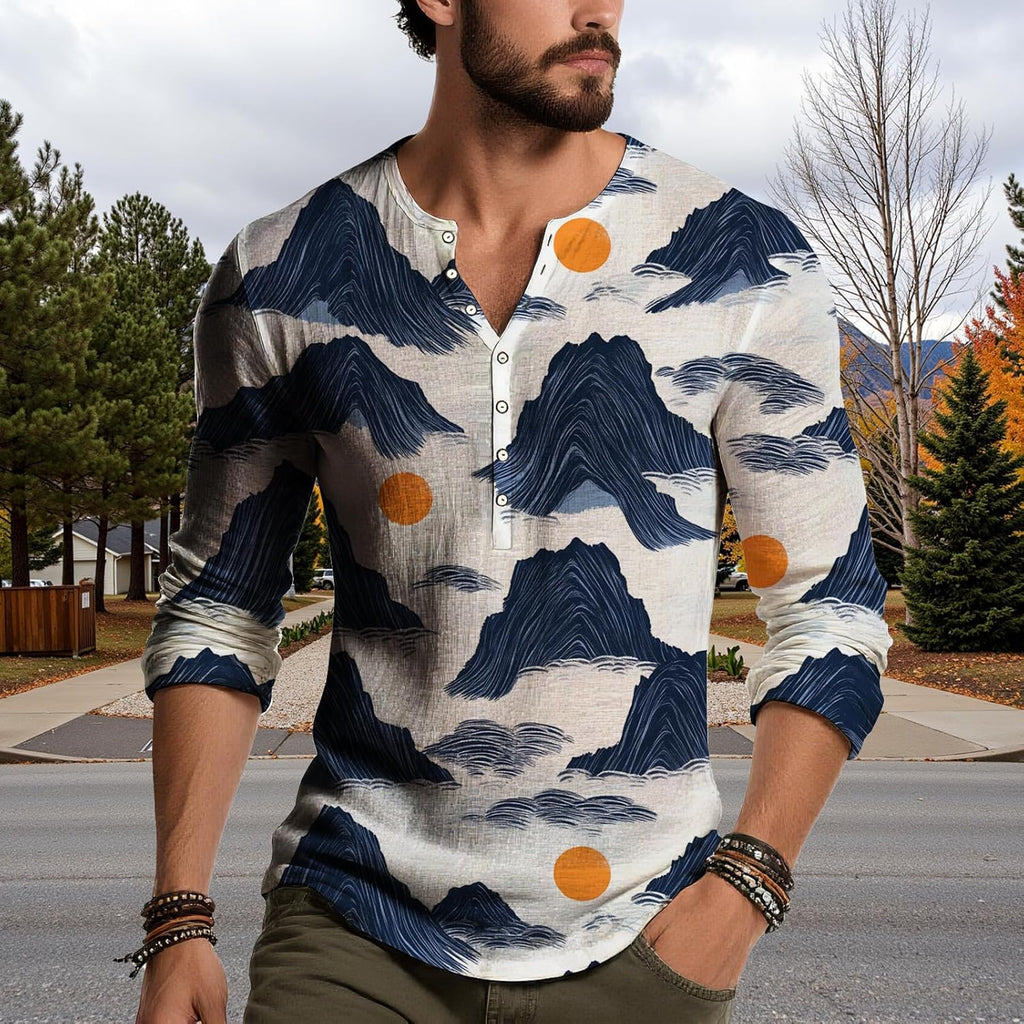 Skiennix Men's Long Sleeve Henley Shirt - V Neck Button Down Casual Top in Floral Print