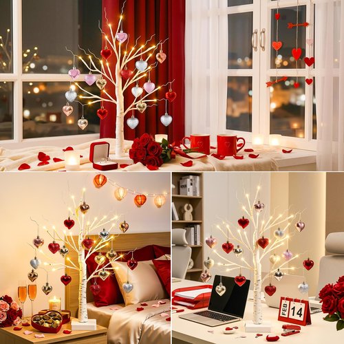 OLANRUN Valentines Day Decorations - 2 FT Birch Tree with 24 LED Warm Light 18 Heart Ornaments Set - Valentines Day Tree Decor for Home Office Bedroom Table Mantel Decor, USB or Battery Powered, White
