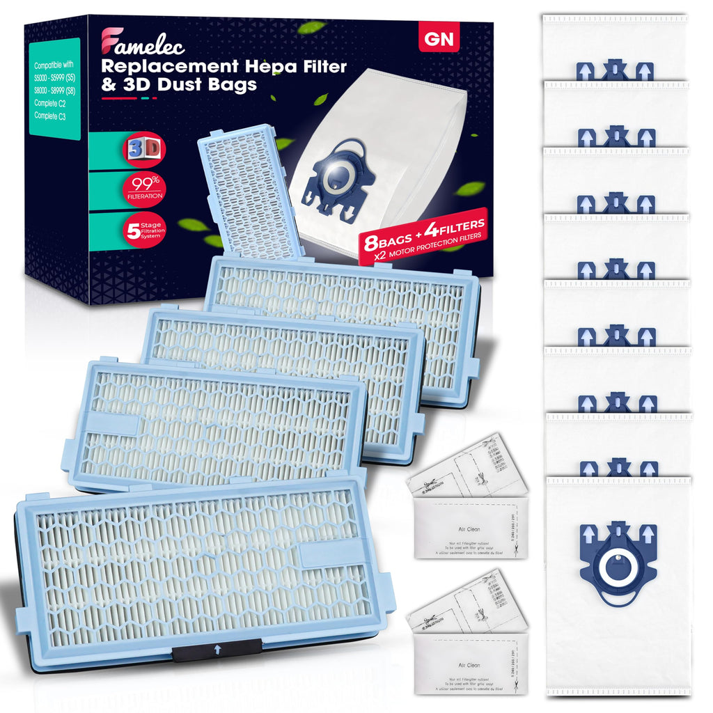 Combo For Miele Vacuum Cleaner Bags GN 8Pcs + 4Pcs Hepa AirClea 50 Filter, 3D Airclean For Miele GN Vacuum Cleaner Bags Model Complete C1, Complete C2, C3 S227 S240 S270 S400 S2 S5 S8 Series