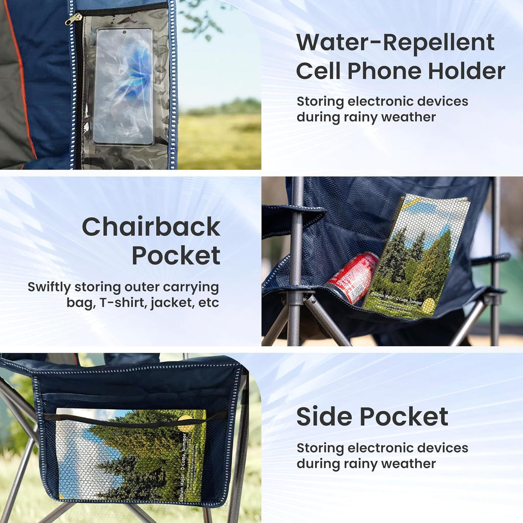 Skiennix Oversized Camping Chair - Heavy Duty Portable Folding Chair with Cup Holder & Waterproof Phone Case - Blue & Gray, XL