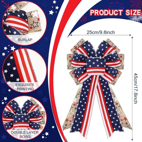 Jutom Patriotic Bow Wreath - Red, White & Blue Star Burlap Decor for 4th of July & Veterans Day | Indoor/Outdoor Use