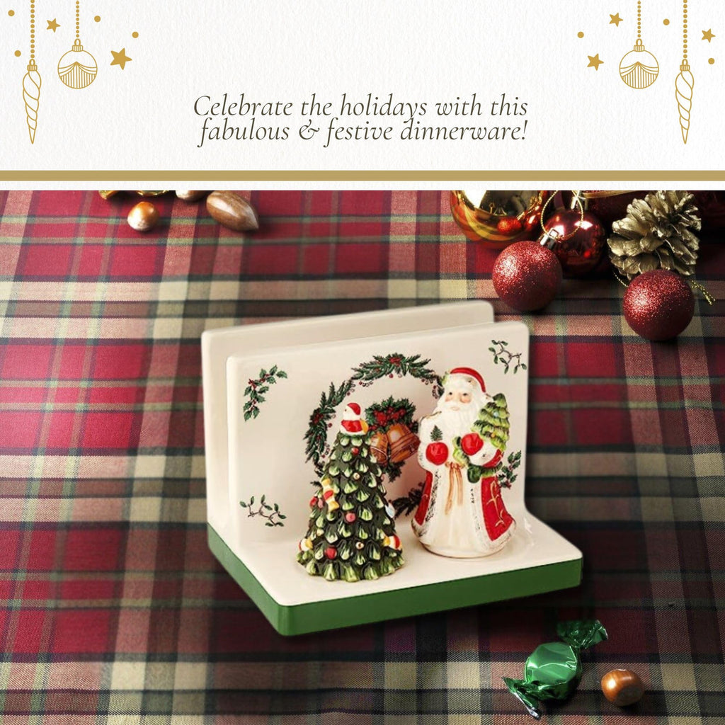 Spode Christmas Tree 3-Piece Hostess Set - Napkin Holder, Salt Shaker & Pepper Shaker (Santa & Tree Figural) - Festive Earthenware for Christmas, Holiday Entertaining - Decorative Gift Set