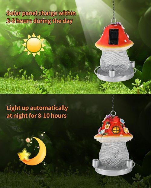 iStatue Solar Bird Feeder - 9.5'' Large Hummingbird Feeder with Resin Mushroom & Cardinal Flowers | Outdoor Garden Decor (Red)