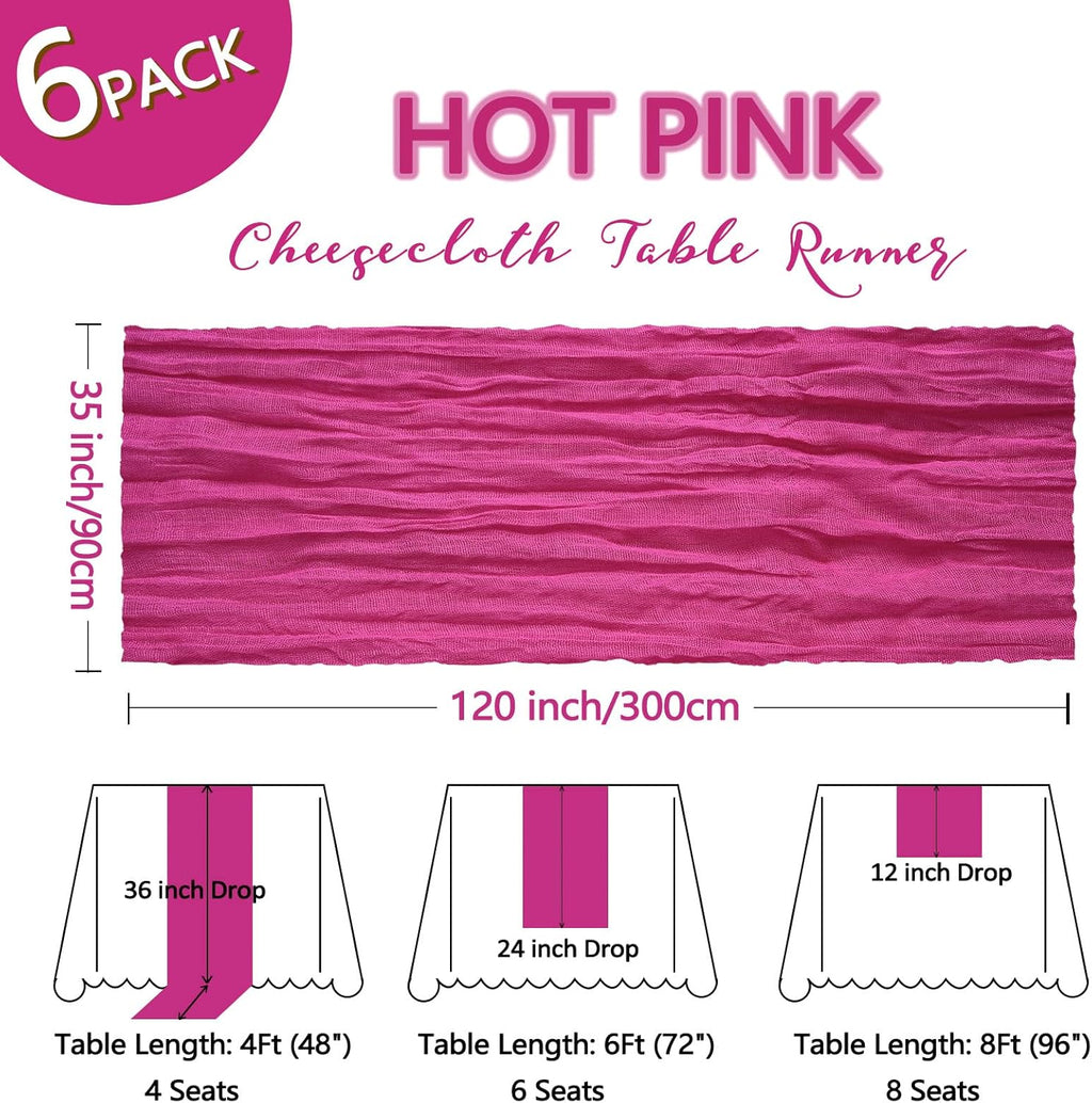 Skiennix 6 Pack Hot Pink Cheesecloth Table Runners - 10Ft Boho Sheer Fabric for Weddings & Parties | 35x120 Inch