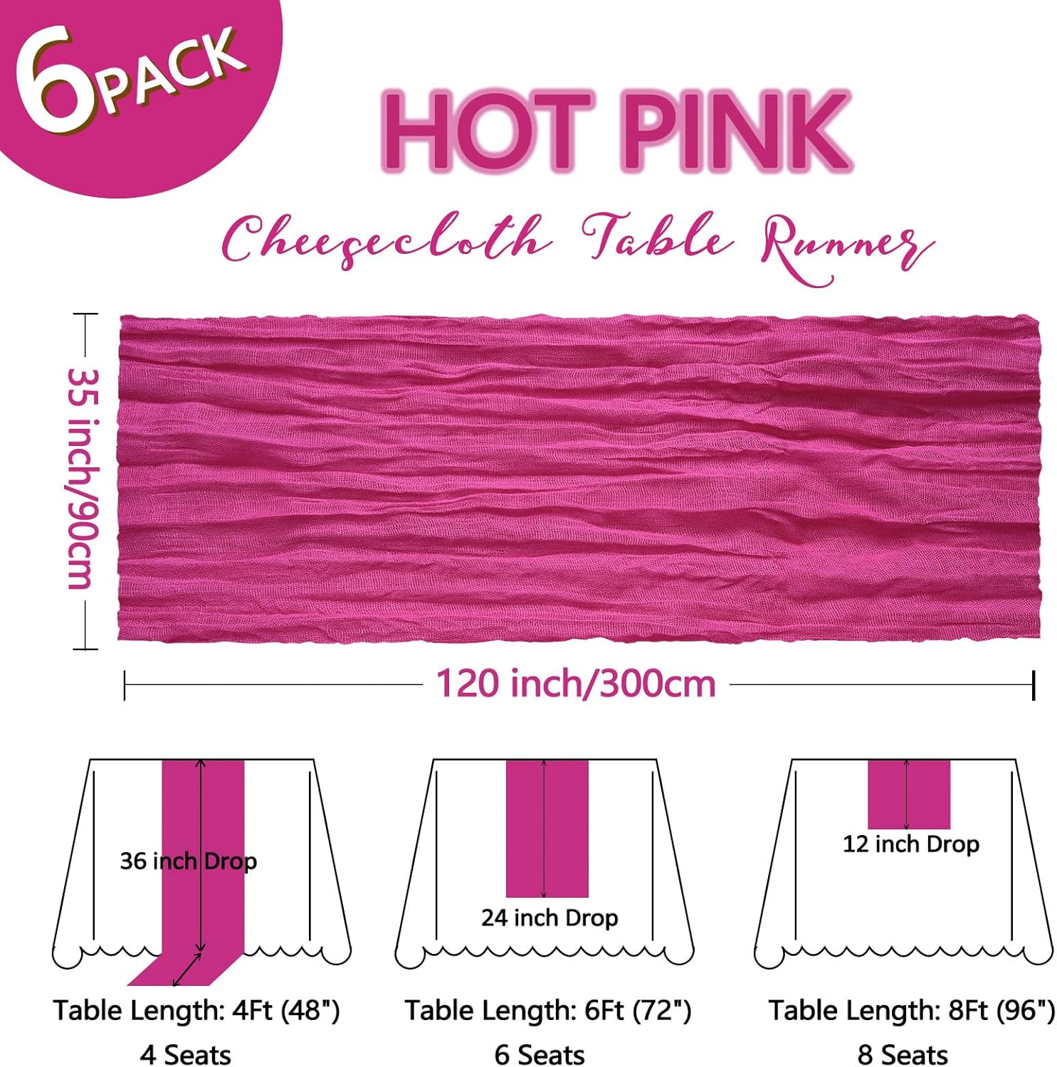 Skiennix 6 Pack Hot Pink Cheesecloth Table Runners - 10Ft Boho Sheer Fabric for Weddings & Parties | 35x120 Inch
