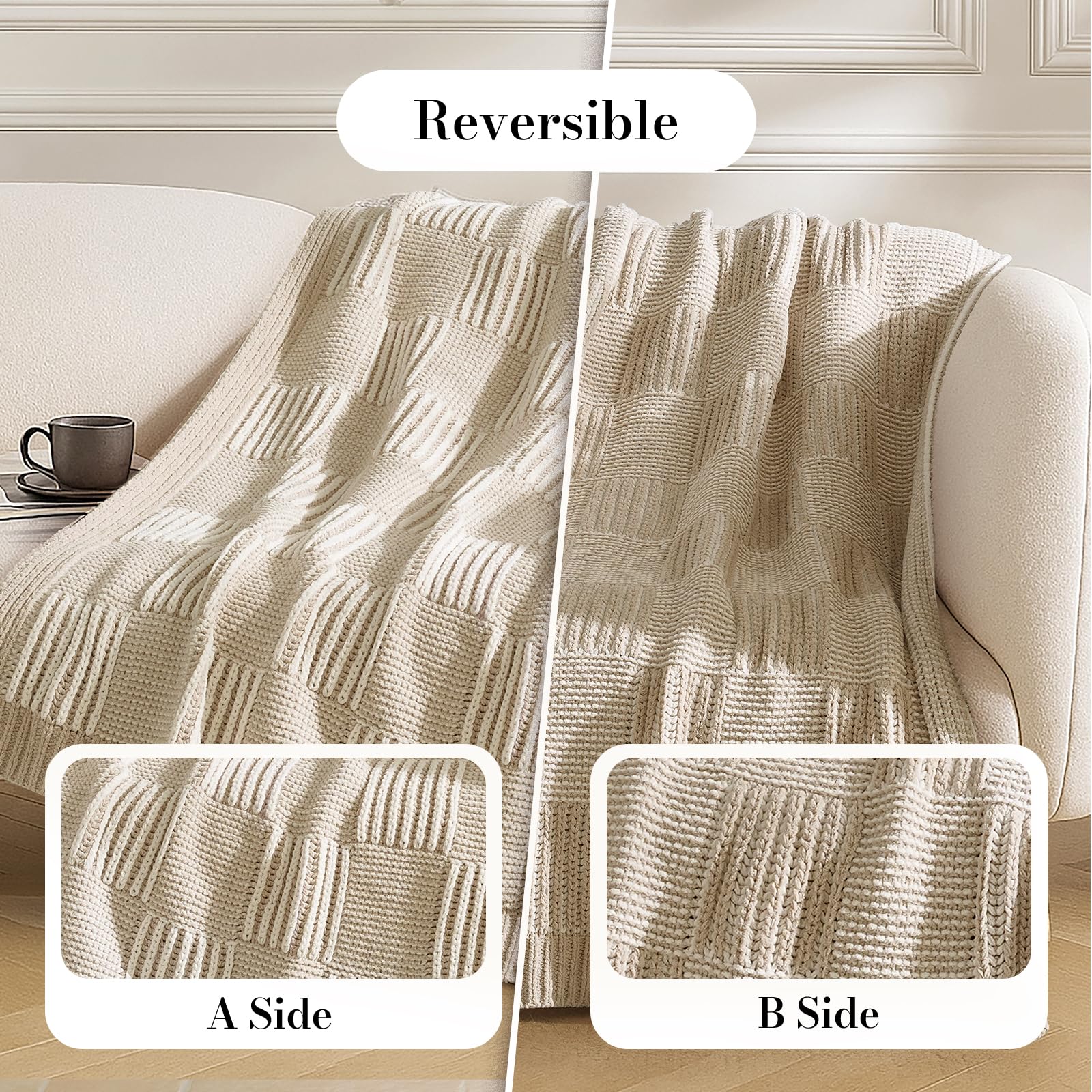 Amélie Home Knit Throw Blanket, Soft Chenille Cozy Breathable Dual Tone Checkered Chunky Decorative Blanket for Couch, Bed & Sofa, French-Inspired Lightweight Warm Gift for Women, Beige, 50"x60"