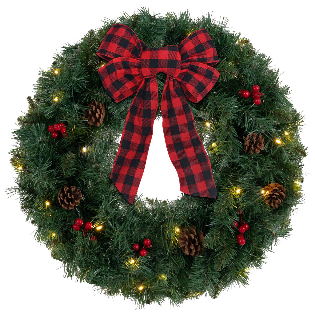 DEWBIN 24 Inch 2FT Christmas Wreath, 30 LED Lights Christmas Wreaths for Front Door with Bow Red Berries Pine Cones, Prelit Timer Home Decor, Xmas Wall Windows Decorations Indoor Outdoor