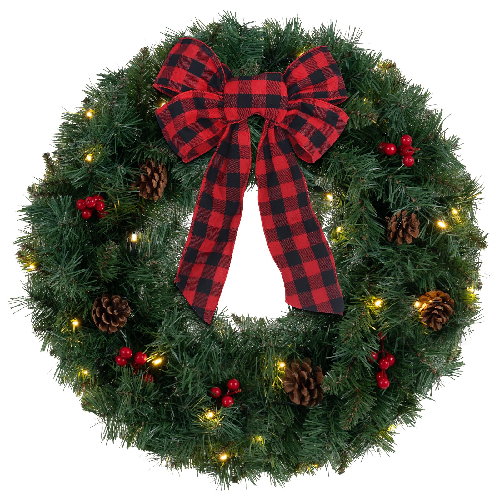 DEWBIN 24 Inch 2FT Christmas Wreath, 30 LED Lights Christmas Wreaths for Front Door with Bow Red Berries Pine Cones, Prelit Timer Home Decor, Xmas Wall Windows Decorations Indoor Outdoor