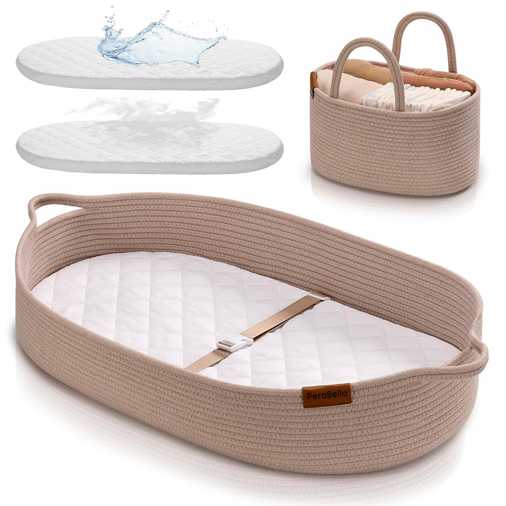 PeraBella XL Baby Changing Basket - Portable Dresser Topper with Waterproof Pad & Diaper Caddy