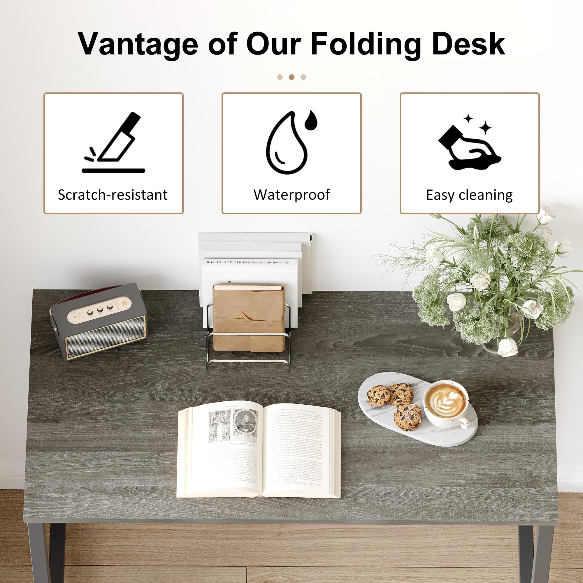 EMODA 40 inch Folding Desk No Assembly Required Home Office Desk Study Writing Gaming Computer Table, Black Oak