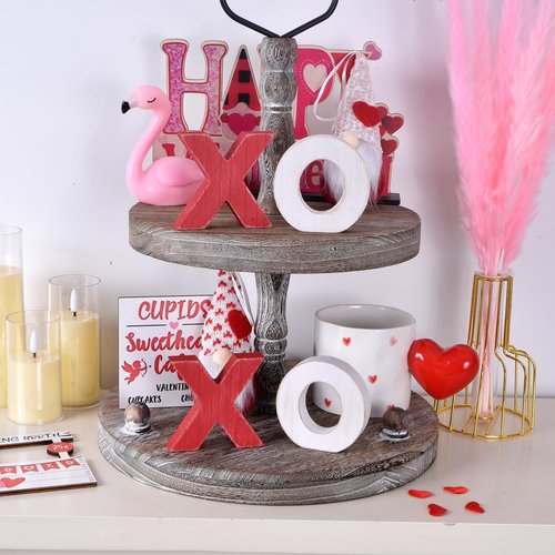 Valentine’s Day XOXO Wooden Table Decor Set, Rustic Valentine’s Day Home Decorations, Freestanding XOXO Sign for Tiered Tray, Mantel, Shelf, Table, Farmhouse Valentines Decor (red white)