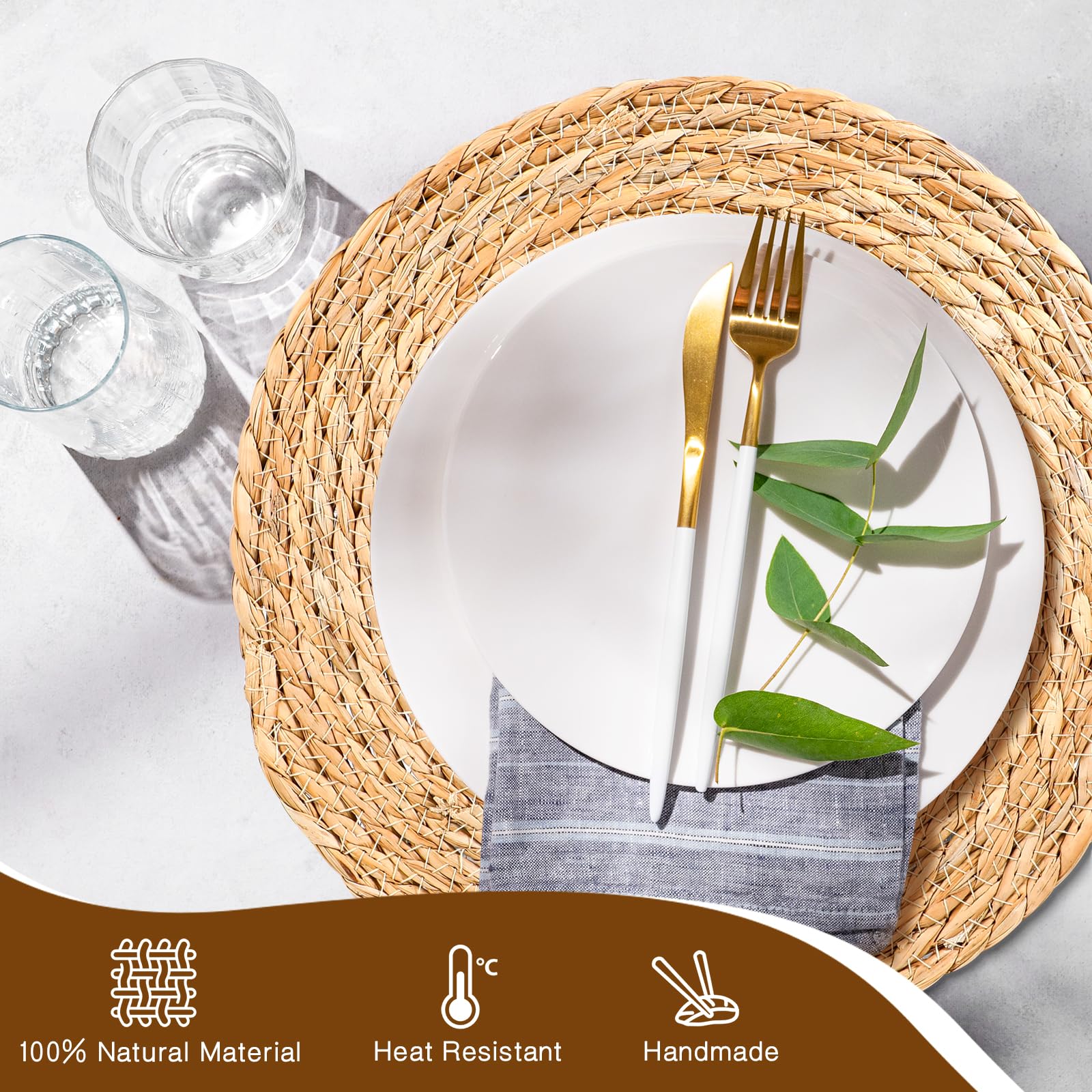 40 Pcs 12 Inch Round Woven Placemats with 20pcs Pearl Napkin Rings，Rattan Placemats Bulk Boho Woven Chargers Natural Water Hyacinth Place Mat for Wedding Party, Dinner Table