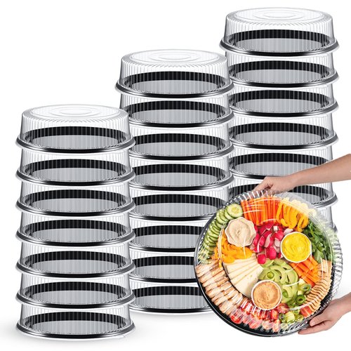 Romooa 24 Pack Round Serving Trays with Lid 16 Inch Trays for Serving Food,Large Catering Tray Black Plastic Party Platters with Clear Lids for Party Appetizers Veggie Sandwich Takeout Picnic