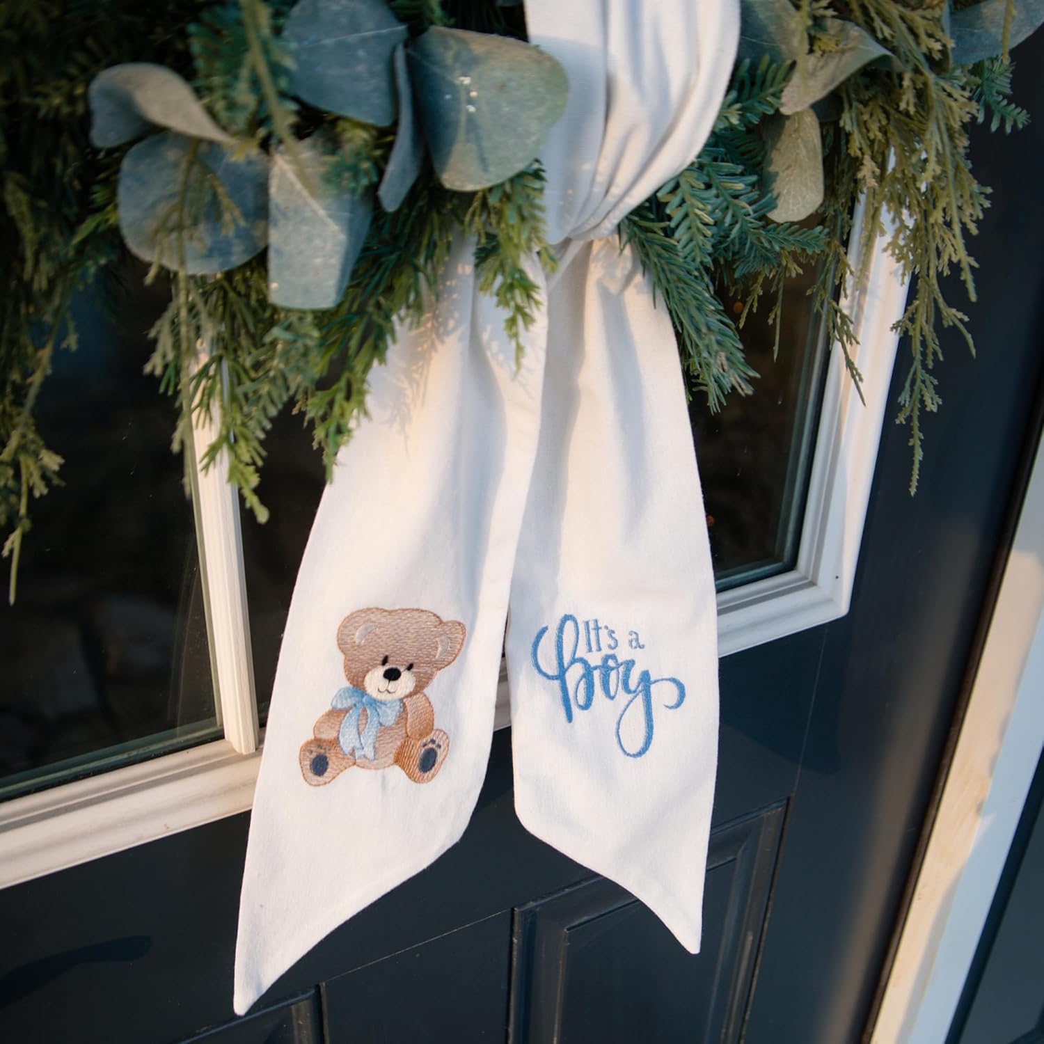 Quality Wreath Sash for Front Door - It's a Boy Monogrammed Embroidery | 56" L x 4.5" W Baby Shower Décor