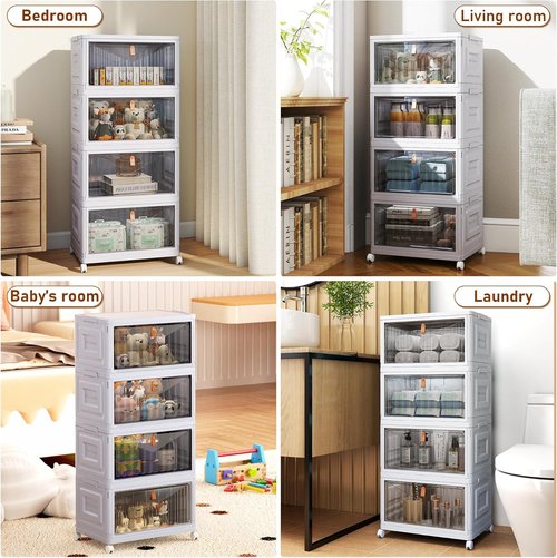 4 Tier Stackable Storage Bins by [Brand Name] - 23 QT Plastic Organizers with Lid & Wheels | Grey Foldable Containers for Home, Craft & Pantry