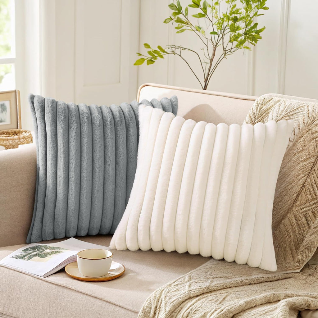 Pallene Faux Fur Pillow Covers - Luxury Soft Fluffy Striped Design | Set of 2, 18x18, Cream White