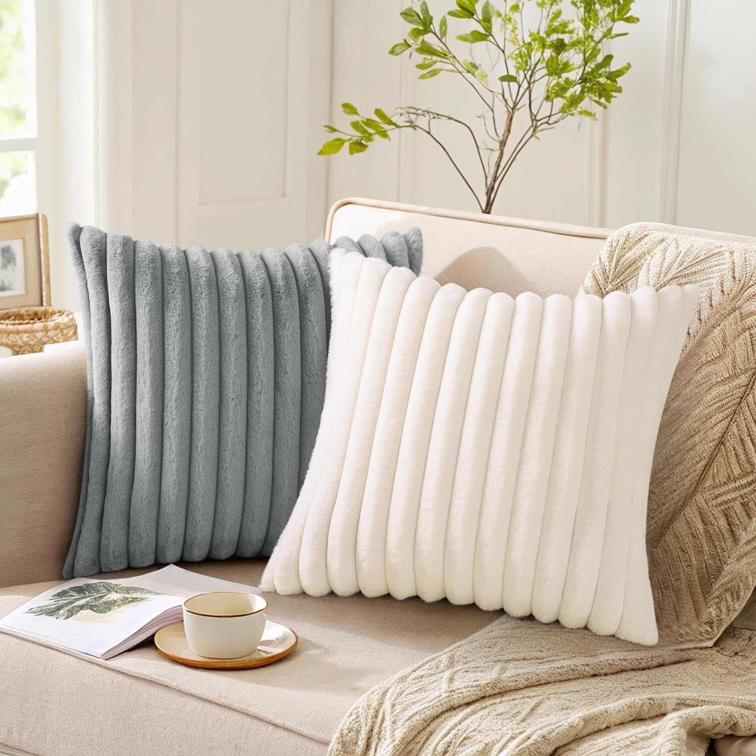 Pallene Faux Fur Pillow Covers - Luxury Soft Fluffy Striped Design | Set of 2, 18x18, Cream White