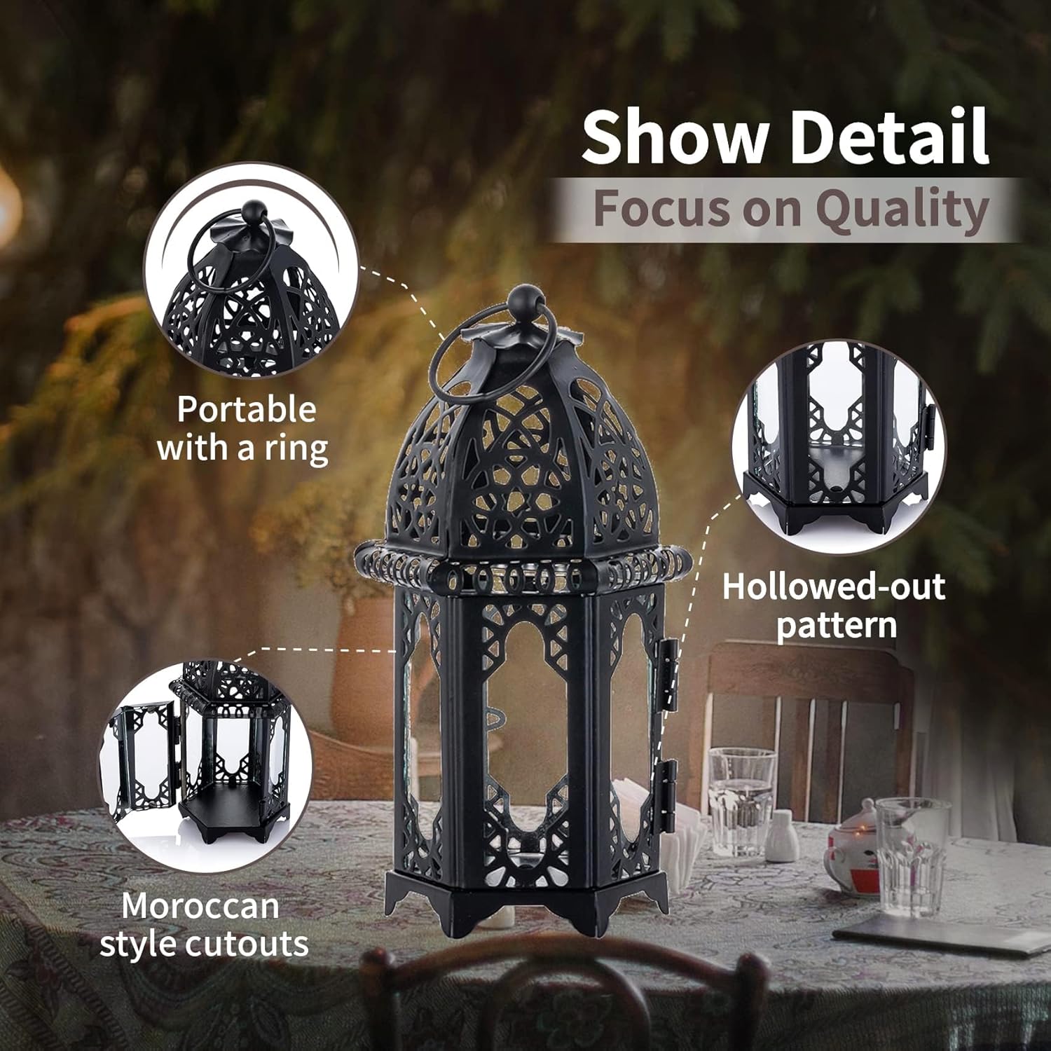 NUPTIO Moroccan Style Candle Lantern - Small Tealight Holder with Transparent Glass Panels | 2 Pcs, Black