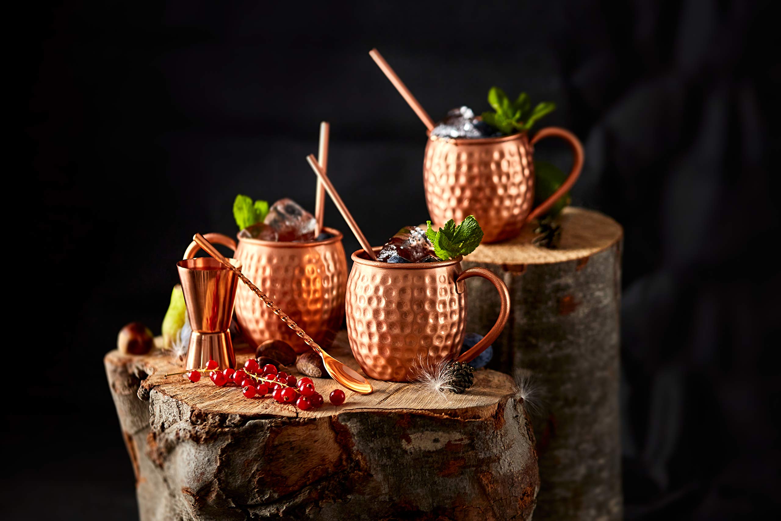 ALARUE Moscow Mule Copper Mugs Set - 4 Authentic Handcrafted 16 oz. Mugs with Accessories - Food Safe Pure Solid Copper - Gift Set with Recipe Book