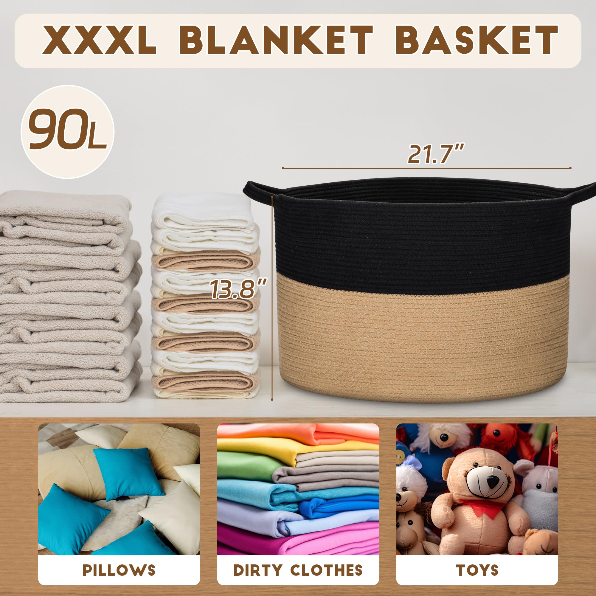 Gosipeya XXXLarge Woven Cotton Rope Basket (21.7" x 13.8") – Blanket Basket for Living Room, Laundry Hamper, Baby Laundry Hamper, Toy Storage, Pillows & Cushions Organizer (Black&Brown)