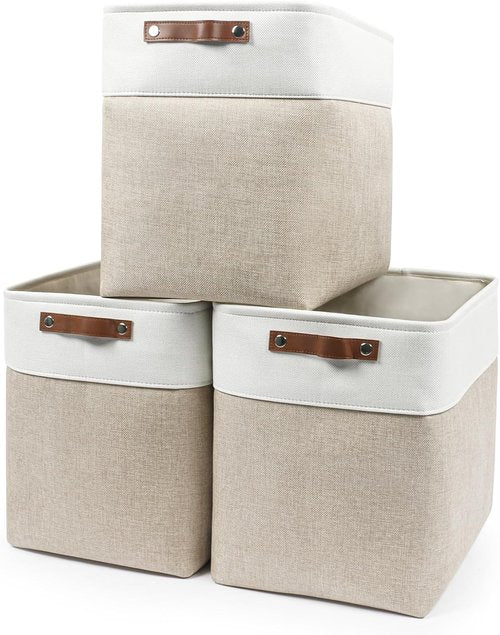 Bagnizer Large Fabric Storage Baskets - 50L Decorative Linen Bins with Handles for Organizing | Beige & White, 17x12x15 Inches