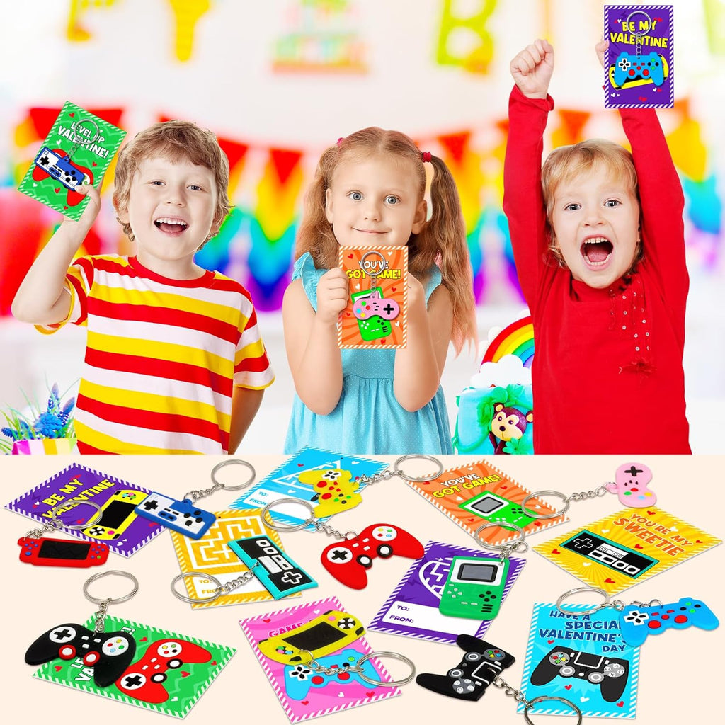 Skiennix 30-Pack Valentine's Day Cards & Video Game Keychains | Perfect Classroom Exchange Gifts for Kids