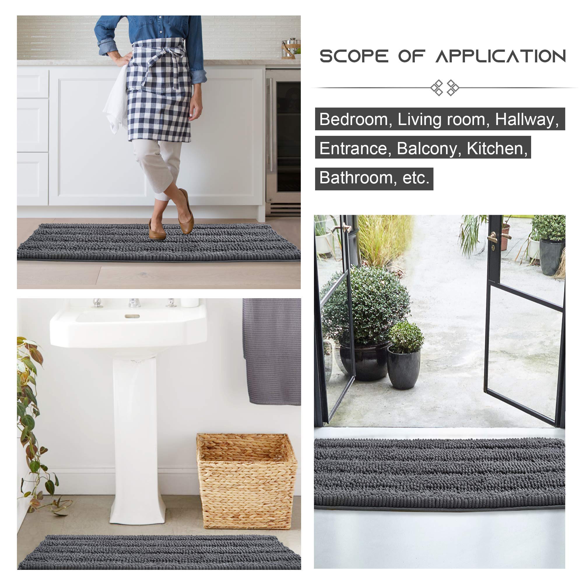 NICETOWN Grey Bathroom Runner Rug, Extra Thick Oversize Bath Mat for Bathroom, Anti-Slip Soft Plush Chenille Shaggy Extra Long Living Room Bedroom Water Absorbent Floor Carpet (60" x 24")