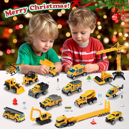 Advent Calendar 2025 for Kids Toys Engineering Vehicles Alloy Different Car Set Stocking Stuffer Plus a Play Mat Christmas for Boys and Girls Gifts Yellow