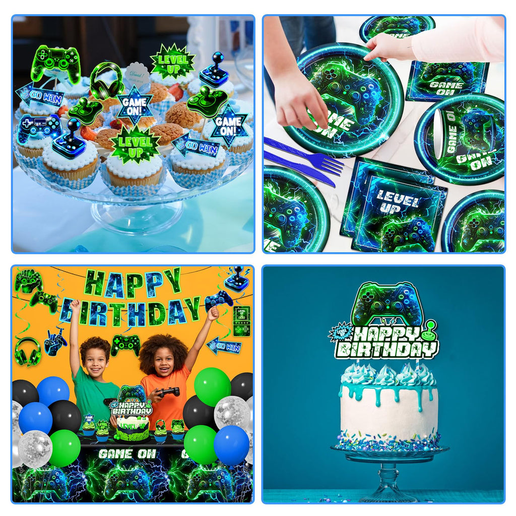Video Game Birthday Decorations,260pcs Gaming Party Decorations Gamer Birthday Party Decorations Plates and Napkins Cups Tablecloth, Game Party Decorations for Boys Cake Topper Hanging Swirls