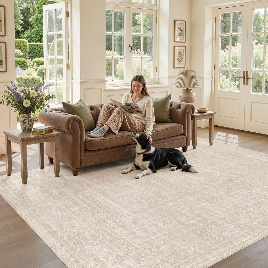 Nakagishi 5x7 Area Rugs Living Room: Washable Large Vintage Beige Rug Neutral Non-Slip Soft Stain Resistant Indoor Carpet for Bedroom Nursery Dining Room Under Table Bed Home House Office Playroom