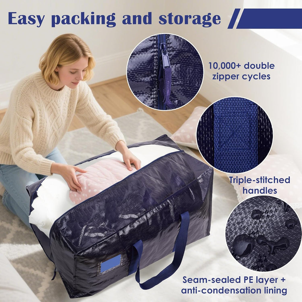 Moving Bags by [Brand Name] - Extra Large 93L Waterproof Storage Totes with Full-Open Zipper | 6 Pack, Blue