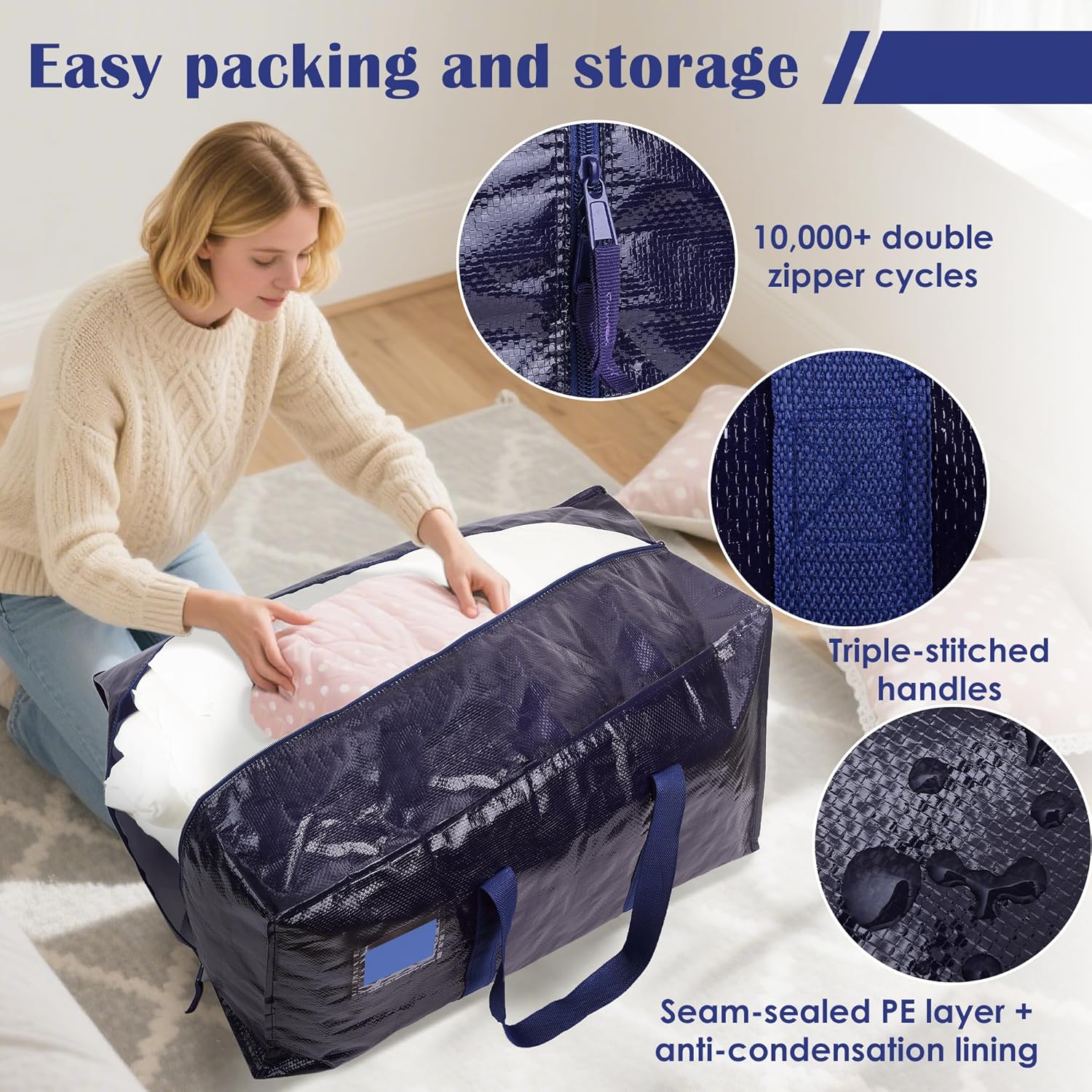 Moving Bags by [Brand Name] - Extra Large 93L Waterproof Storage Totes with Full-Open Zipper | 6 Pack, Blue