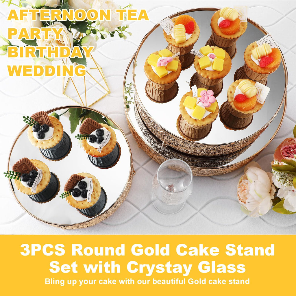 Skylety Set of 3 Round Wedding Cake Stand 10'' 12'' 14'' Metal Dessert Display Stand with Glossy Mirror Dessert Cupcake Cookies Holder for Wedding, Event, Birthday Party(Gold)