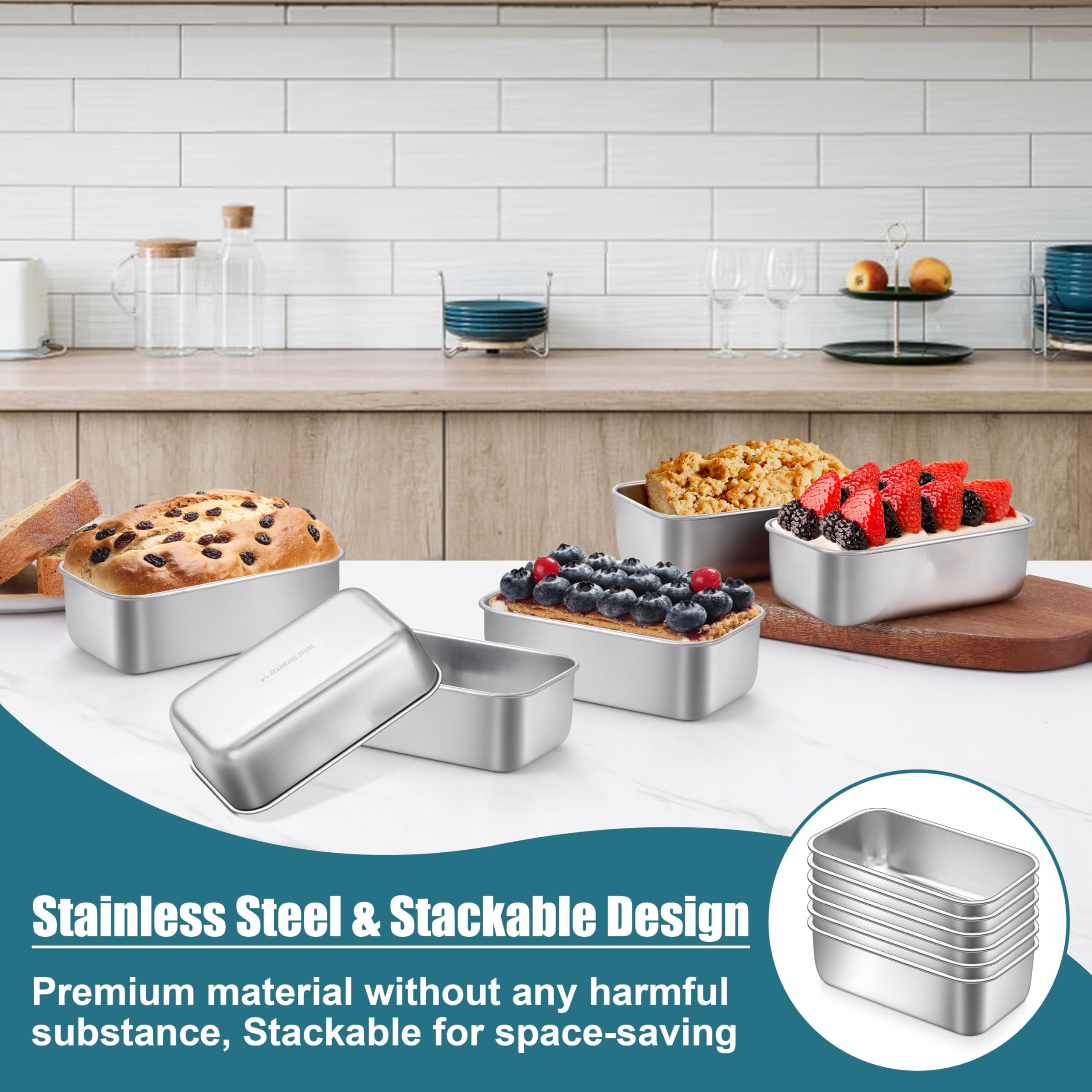 P&P CHEF Mini Loaf Pans Set, 6 PCS Small Bread Loaf Pan for Baking, 6.3 x 3.5 Inch Stainless Steel Baking Pans for Homemade Bread, Meatloaf, Cake and Brownies, Healthy & Non Toxic, Dishwasher Safe