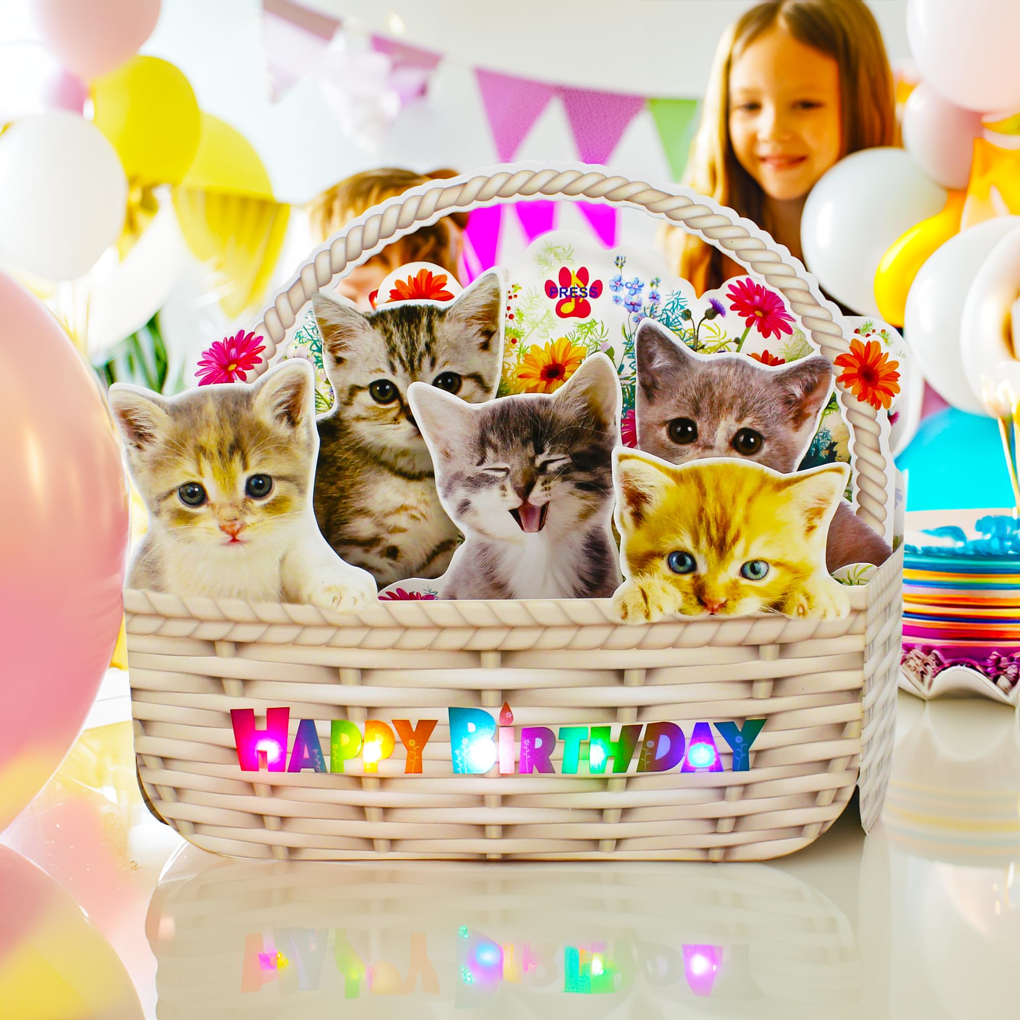 Miss Girlie Girl Musical Cat Birthday Pop-Up Card with LED Lights – 2 Happy Birthday Songs Meows & Violin – Cute Kittens in Flower Basket – Light Up 3D Greeting Card for Cat Lovers, Kids, Women, Friends