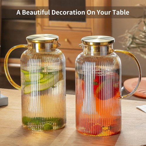 Buaic 2 PACK Glass Pitcher with Lid, 68 oz/ 2 Liter Amber Classic Vertical Stripes Water Pitcher,Glass Water Carafe for Cold Brew, Coffee, Lemonade, Iced Tea,Beverage, Heat Resistant Water Glass Jug