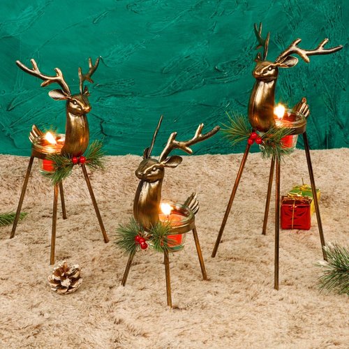 Juegoal Reindeer Tealight Candle Holders Set - Durable Iron Metal Christmas Decorations | Glass Votive Centerpiece