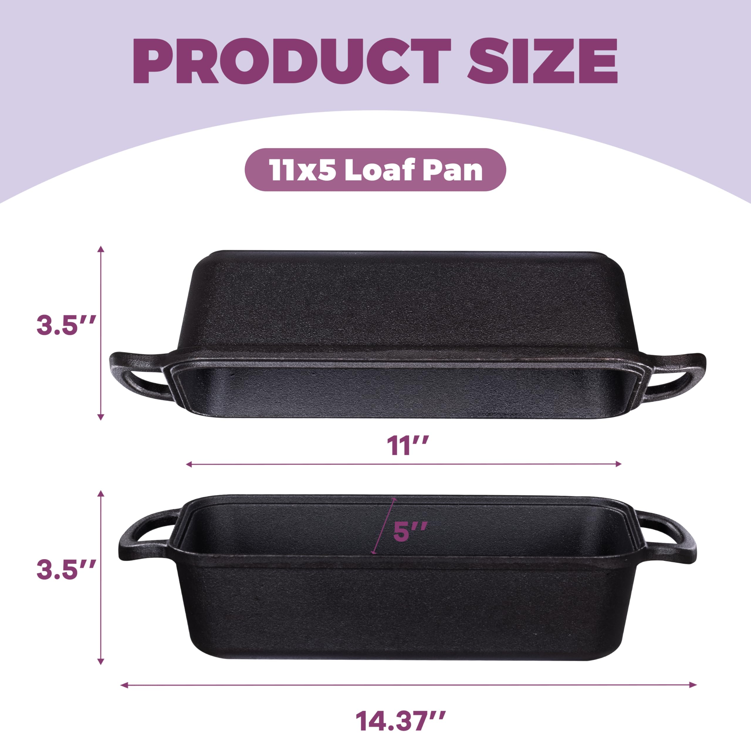 Vanderlume 11x5 Inch Cast Iron Loaf Pan with Lid, Large Dutch Oven Bread Loaf Pan for Sourdough, Homemade Bread Baking, Even Heat Distribution, 5.8Qt