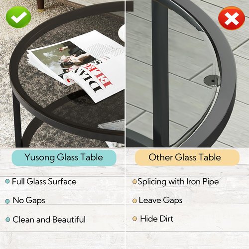 Yusong Round Glass Coffee Tables for Living Room, 2-Tier Circle Coffee Table with Storage, 26" Modern Center Accent Table with Light Black Glass, Small End Table for Small Space, Bedroom