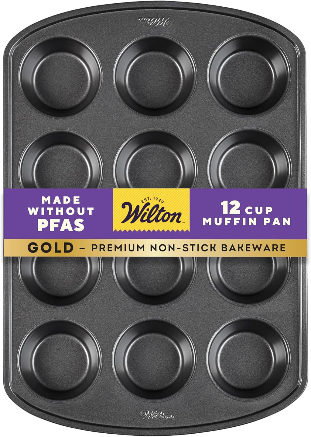 Wilton Gold Non-Stick Muffin Pan | PFAS-Free Bakeware for Perfect Muffins & Cupcakes - 12 Cup, 10.5 x 15 x 2 Inches