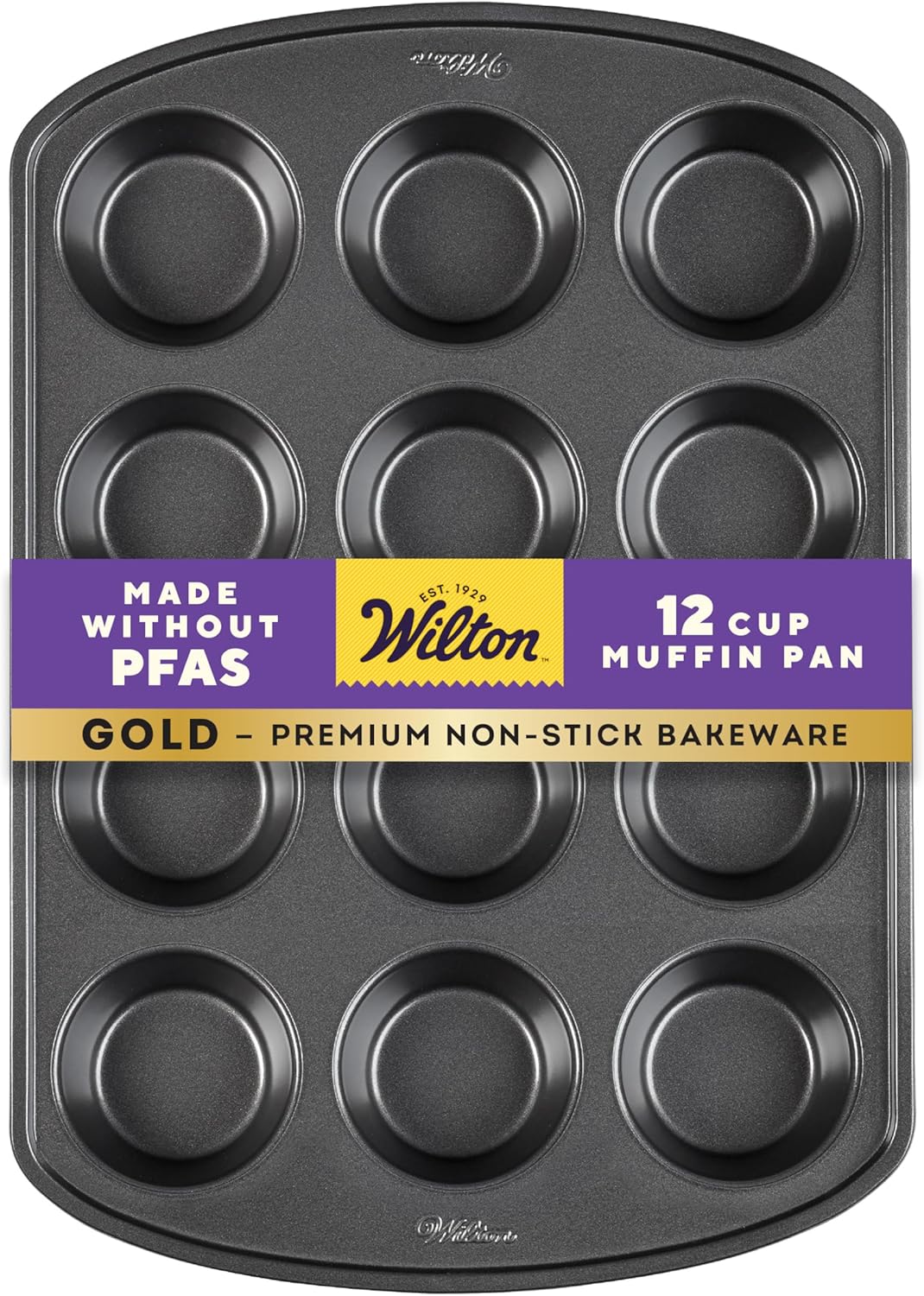 Wilton Gold Non-Stick Muffin Pan | PFAS-Free Bakeware for Perfect Muffins & Cupcakes - 12 Cup, 10.5 x 15 x 2 Inches