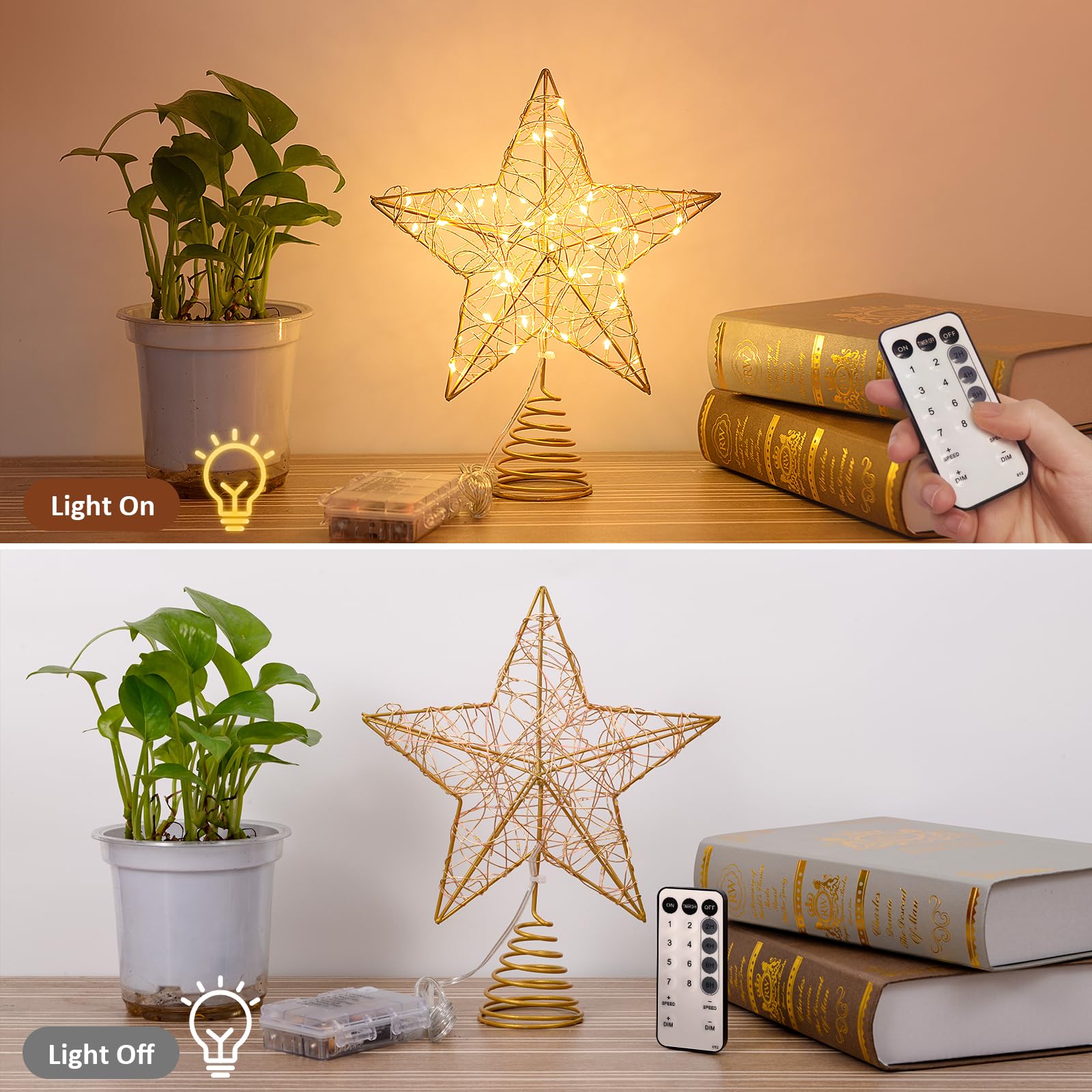 Verdenu 10'' Christmas Tree Topper Lighted in 8 Modes, Christmas Star Tree Topper with 40 LED Lights, Metal Star Tree Topper with Remote Control for Christmas Decorations, Home Decorations (Gold)