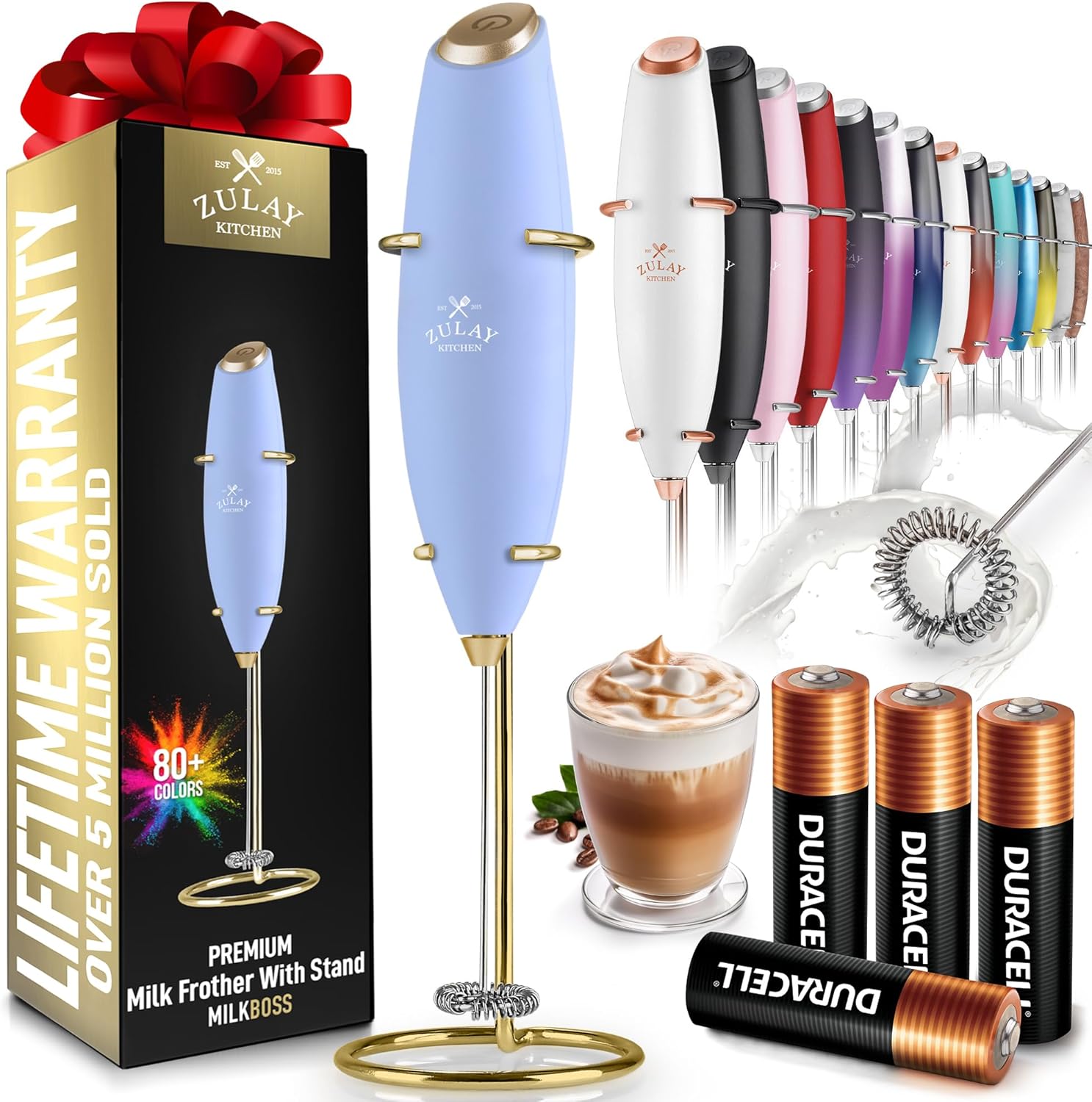 Zulay Kitchen Milk Frother Wand - Ultra-Fast Handheld Drink Mixer with 4 AA Batteries - Blue & Gold