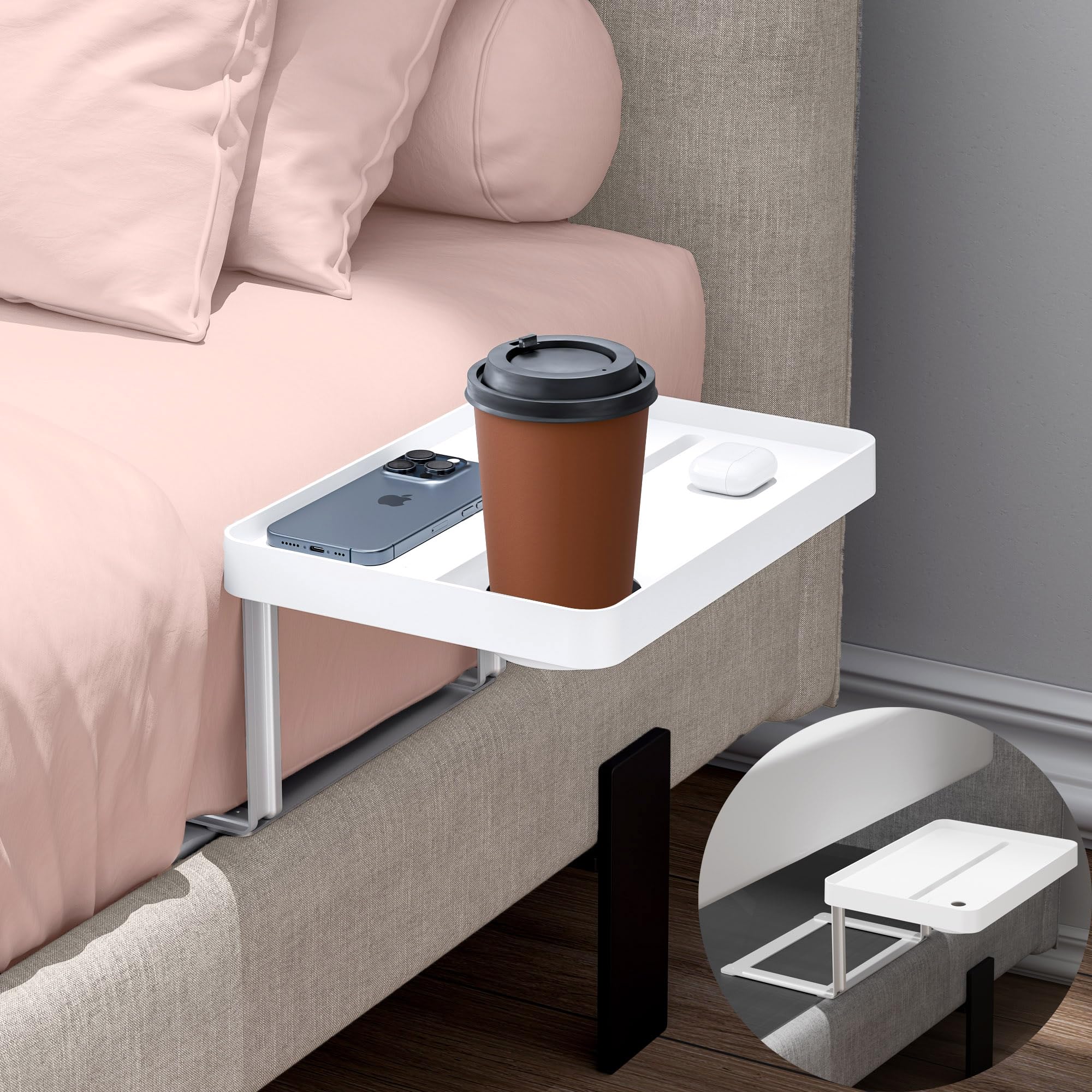KIWIFOTOS Raised Bedside Shelf for Bed Tray Table Under Mattress for Box Spring Plate Platform Bed Nightstand Shelf Bedside Caddy College Dorm Room