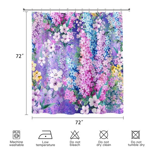BayNook Purple Floral Shower Curtain, Cute Colorful Flower Fabric Shower Curtains for Bathroom, Pretty Funky Watercolor Cloth Shower Curtain Set Trendy Waterproof Bath Curtain 72x72