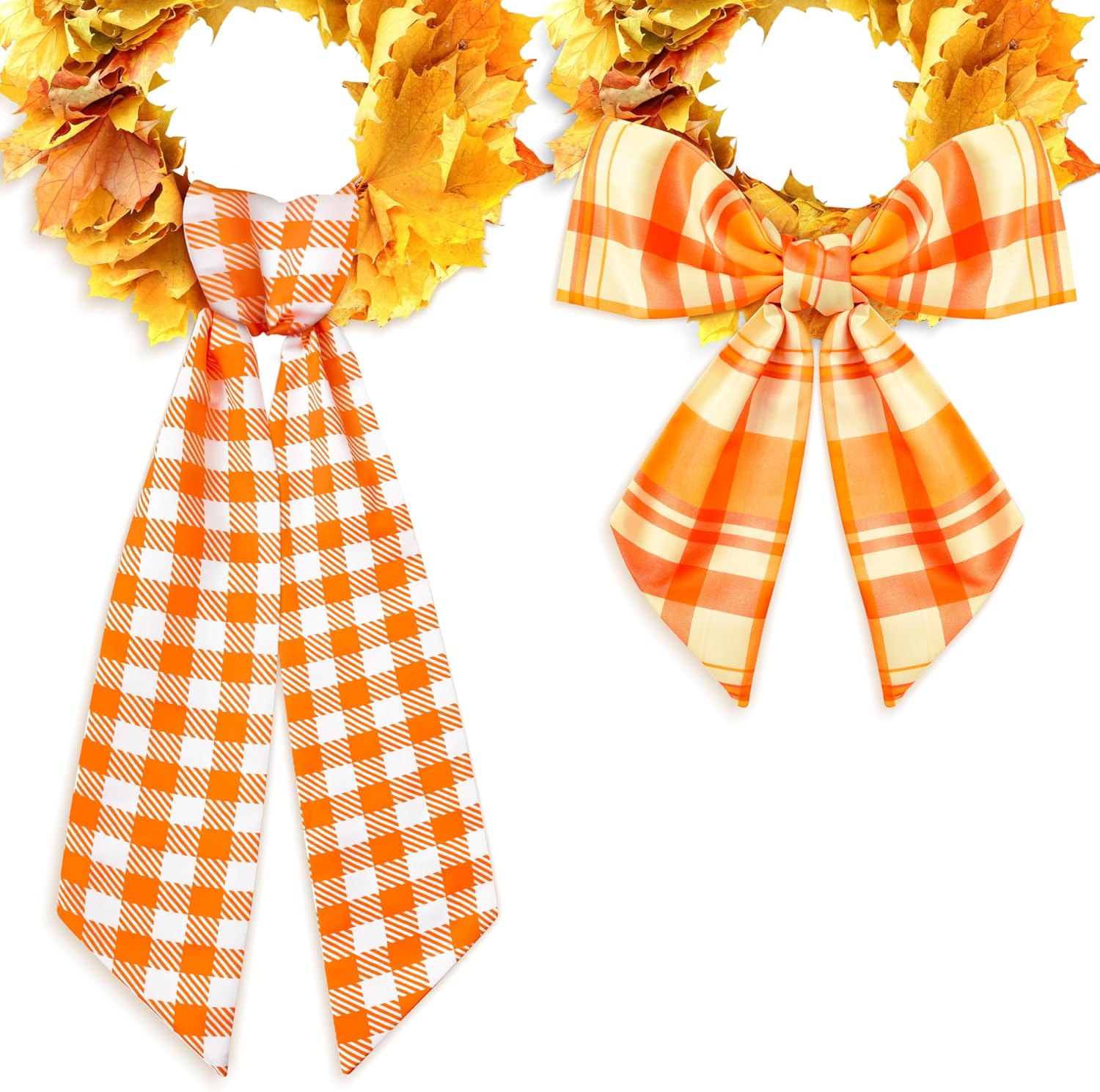 WATINC Wreath Sash - Autumn Orange 2pcs Buffalo Check DIY Bow for Front Door Decor | Thanksgiving Satin Accessories (56'' x 4.5'')