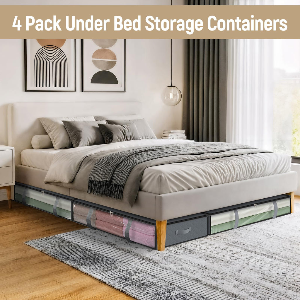 LANDNEOO 4 Pack 90L Under Bed Storage Containers - Underbed Storage for Clothes, Blankets - Closet Organizers and Storage Bags - Under the Bed Storage Bins with Handles & Clear Front