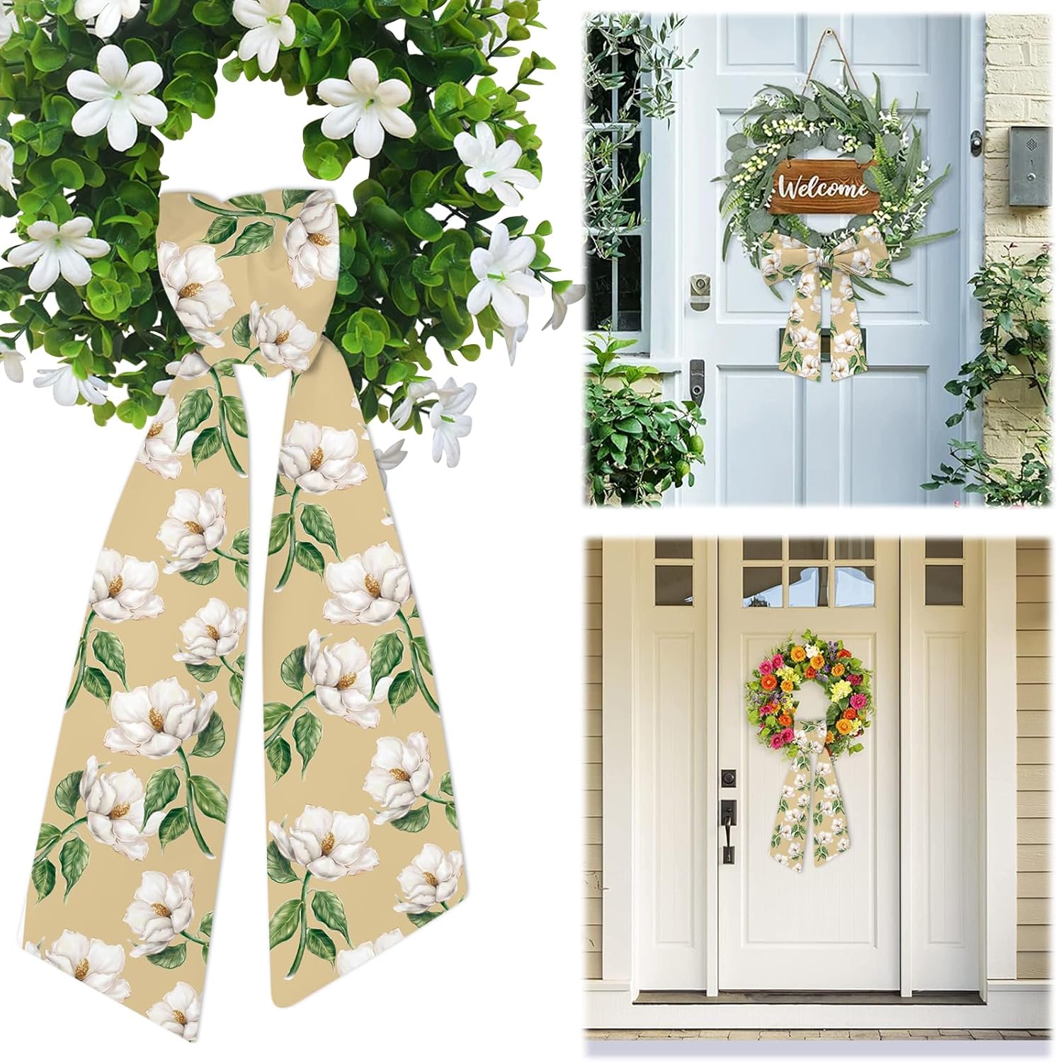Regine Switzerland Spring Wreath Sash - Beige Floral Decor for Front Door & Holiday Celebrations